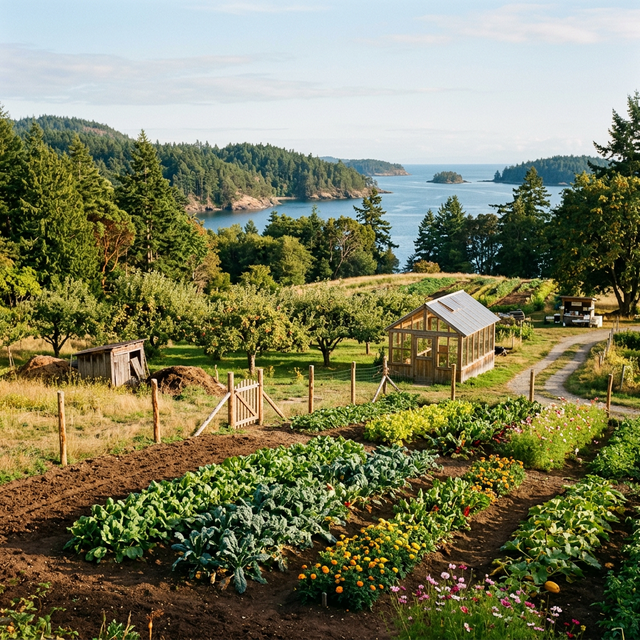 Pender Island farmland with rolling green fields